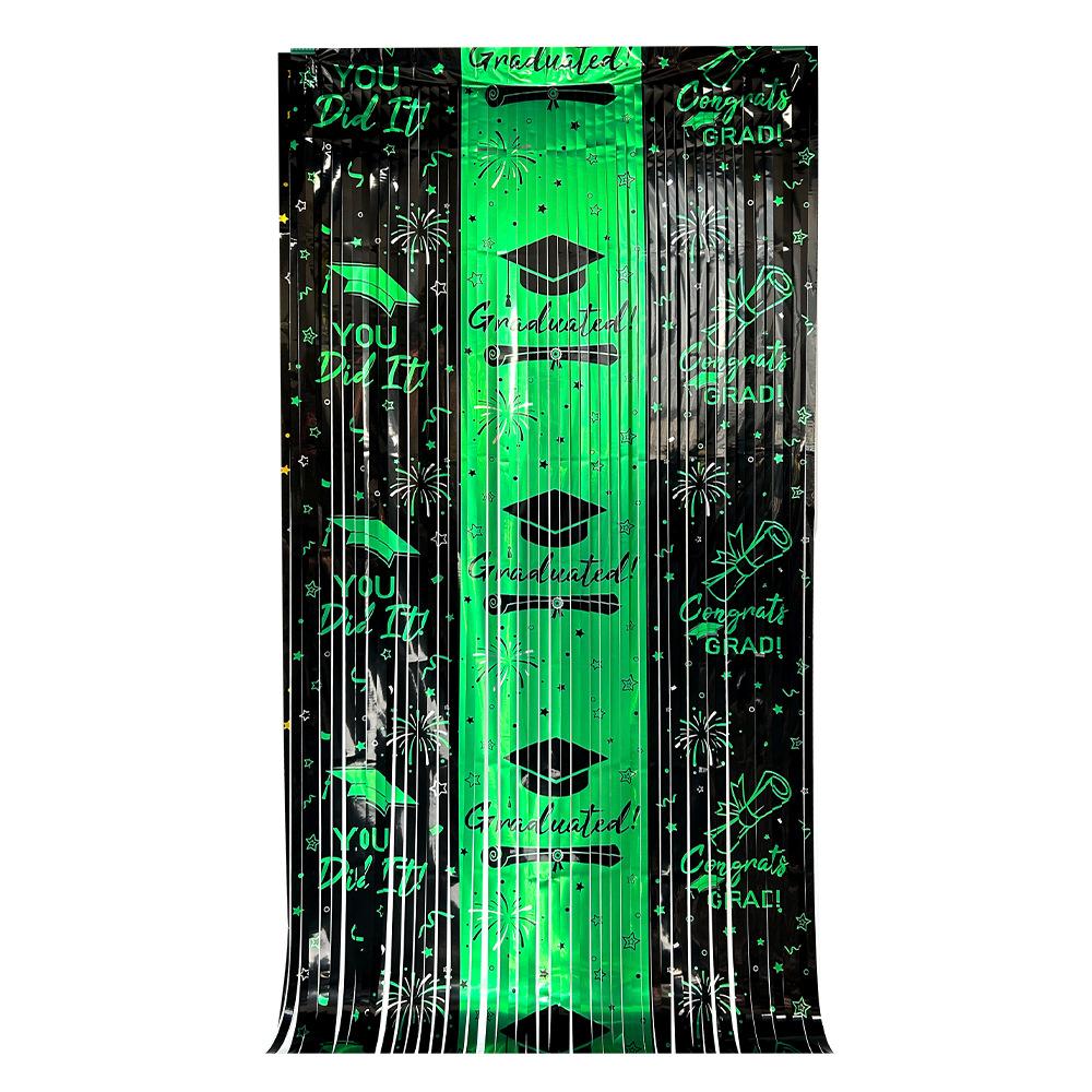 2026 Graduation Square Foil Fringe Curtain Metallic Tinsel Backdrop Door Curtain with Grad Cap Theme for Graduation Party