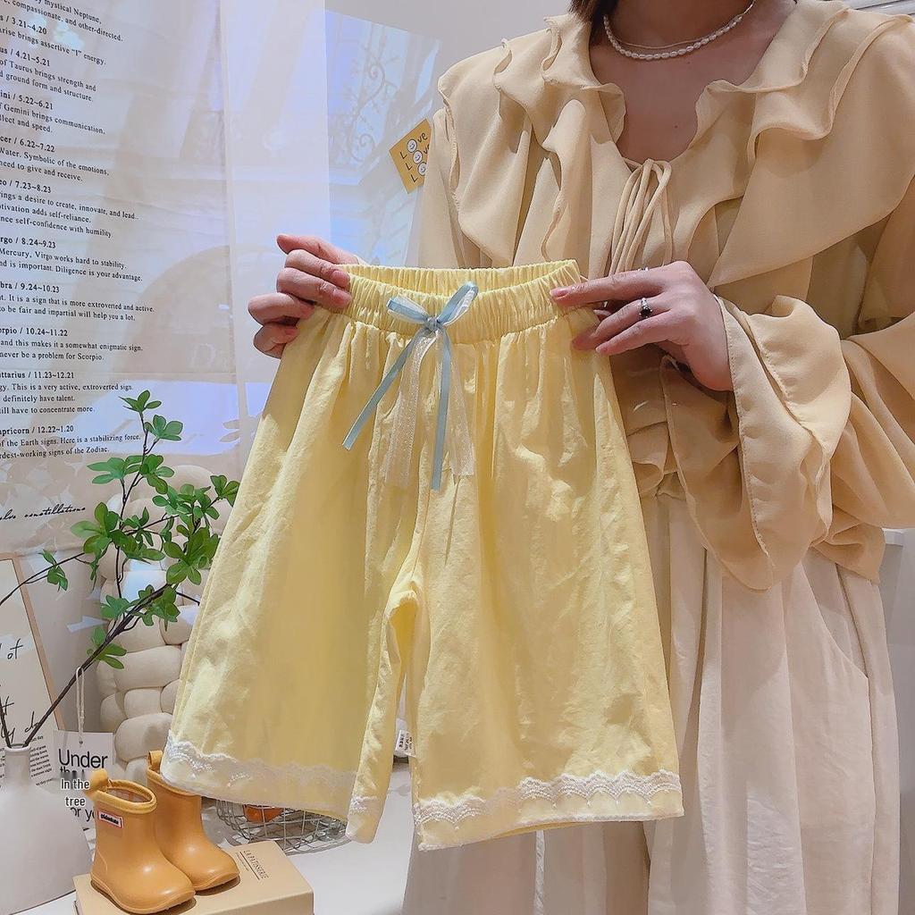 Girls' Korean Style Summer Wide-Leg Cotton Pants with Lace Trim