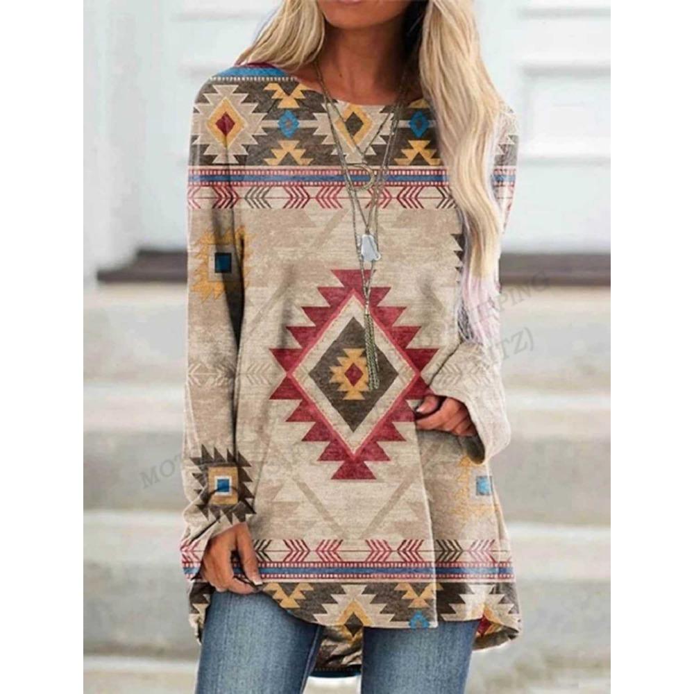 Etnisk t-skjorte med 3d-trykk for kvinner Mote-t-skjorter Uformelle overdeler med lange ermer T-skjorter T-skjorte med grafisk trykk Løs Harajuku vintage-t-skjorter