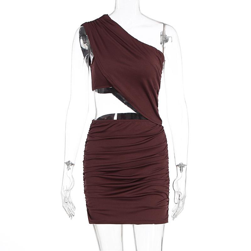 Summer New European and American Style Women's Clothing Fashion Slanted Shoulder Design Waist Tight Hip-wrapped Pleated Dress