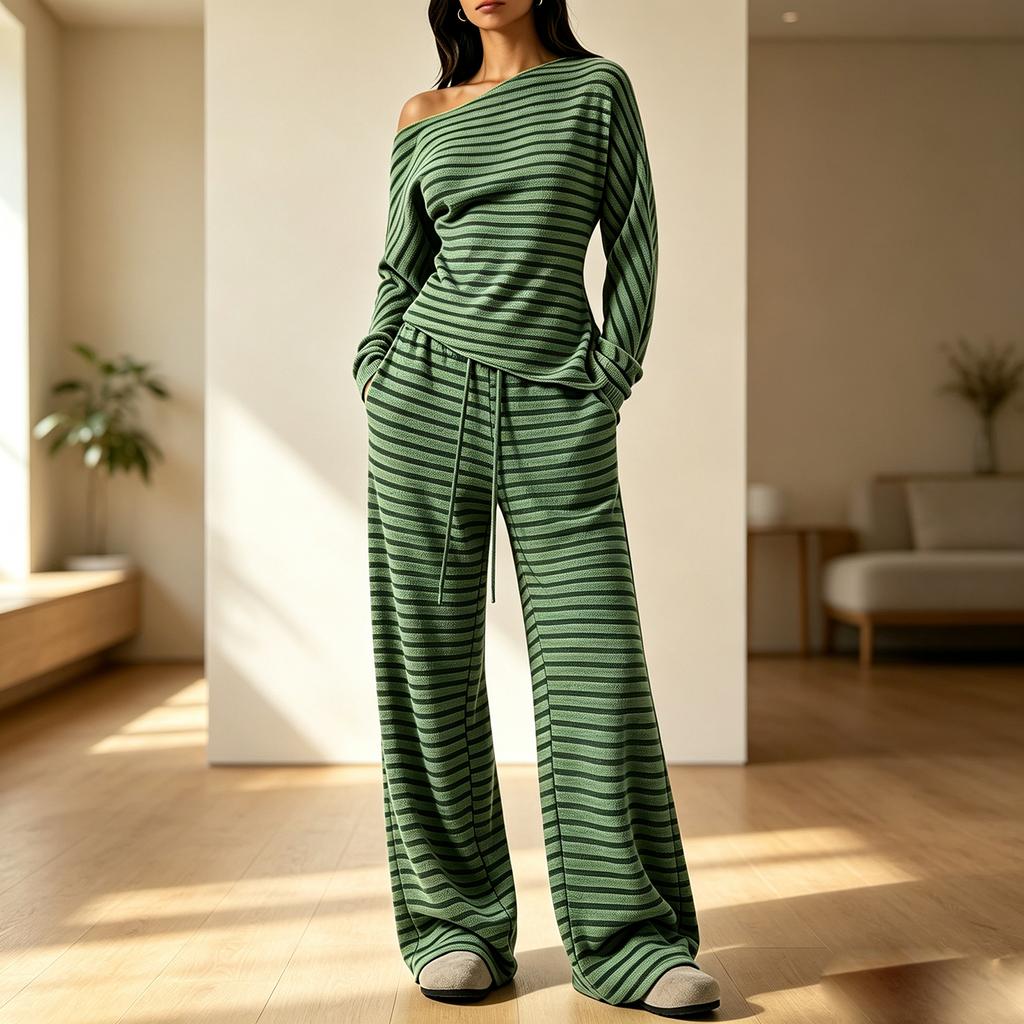 Women's Casual Striped Off-Shoulder Long Sleeve Top and Wide Leg Pants Set 2 Piece Outfit