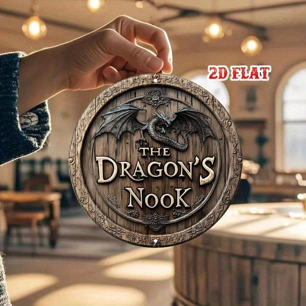 Round Fantasy Dragon Floral 2D Metal Tin Wall Sign for Home Decor