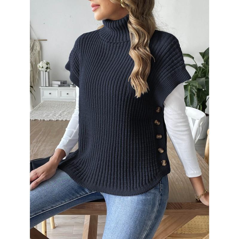 Womens Winter High Neck Knit Vest Sleeveless Cardigan With Button Detail Casual Streetwear Top