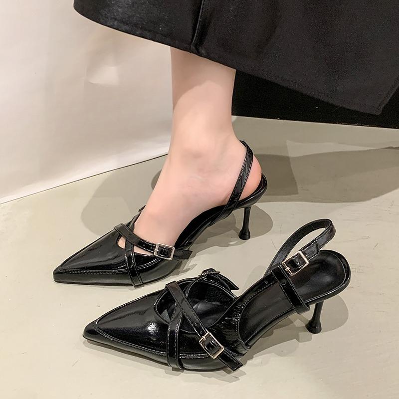 Summer Stiletto Sandals Women's Pointed Toe Shallow Mouth Metal Belt Buckle Line Strap Non-slip Heels