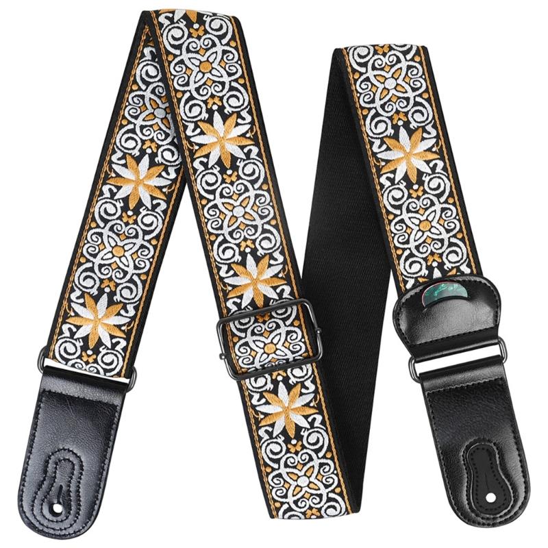 National Style Guitar Strap with Pick Pocket Adjustable Soft Cotton Shoulder Strap Leather Ends Guitar Straps