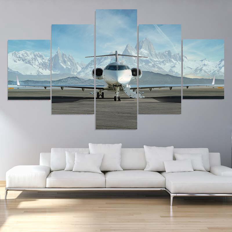 Modern 5 Pieces Airplane Poster Canvas Painting Landscape Sunset Backlight Lawn Wall Art Pictures for Living Room Decor No Frame