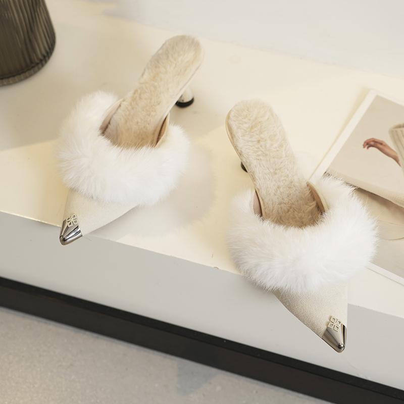 New Style Women's Warm Plush Pointed Toe High Heel Winter Mules Slipper Fashion Design Thin Heels Flip Flops Pumps Zapatos Mujer