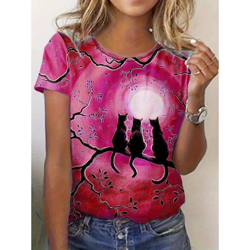 

Женская футболка с милым принтом кота, топы с круглым вырезом, повседневная футболка с коротким рукавом для весны и лета, новая уличная повседневная женская одежда L