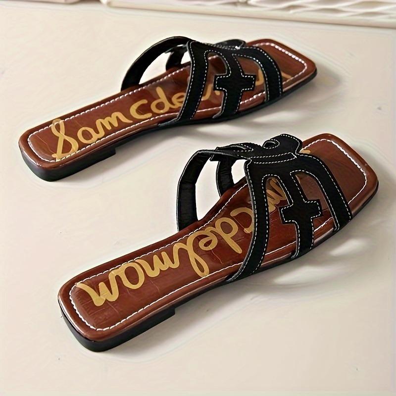 Women's Hollow Out Flat Slides, Retro Square Open Toe Summer Shoes, Casual Outdoor Beach Slides