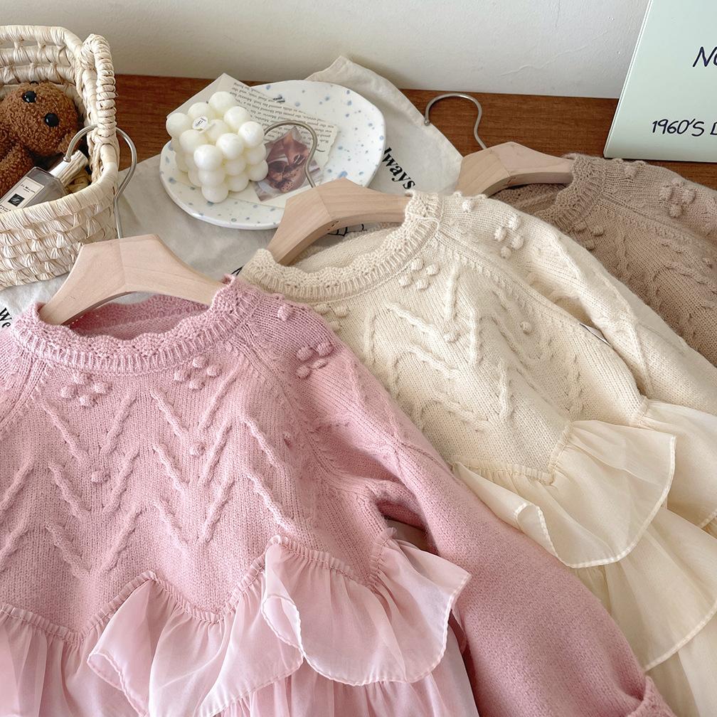 Girl Princess Lace Splicing Sweater Thickened Warm Knitted Sweater Children's Hoodie