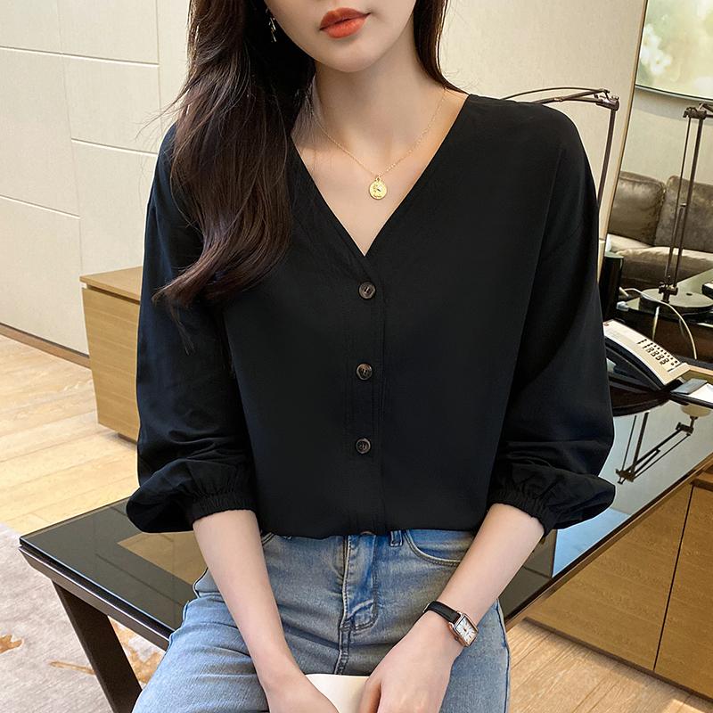 Women Blouses Shirts 2025 Spring Long Sleeve Women Blouse Shirt V-Neck Black White Blouse Shirt Women Tops J872
