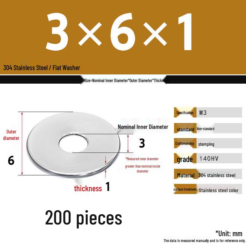 304 Stainless Steel Thickened Flat Washer Set, Sizes 2-36