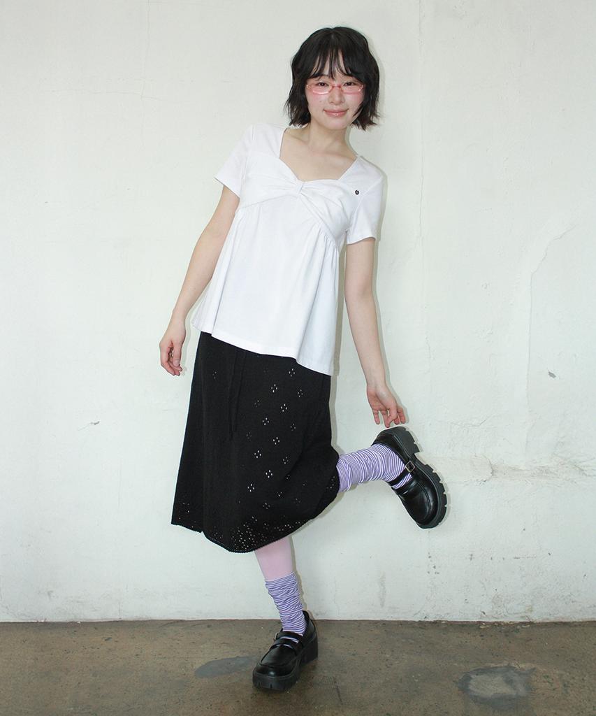 RONRON Knot Ribbon A Line T Shirt White