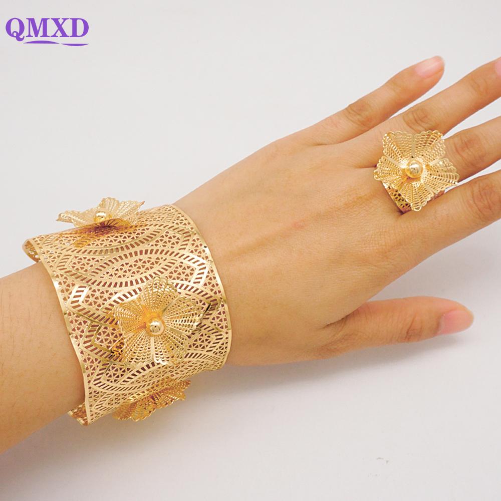 Dubai Gold Color Bangle With Ring For Women Charm Chain Cuff Bracelet Indian Bracelet Arabic France Bridal Wedding Jewelry Gifts