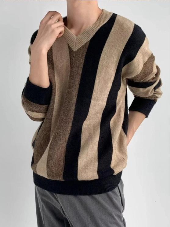 Men's Korean Style Striped V-Neck Autumn/Winter Loose Knit Color Block Pullover Sweater