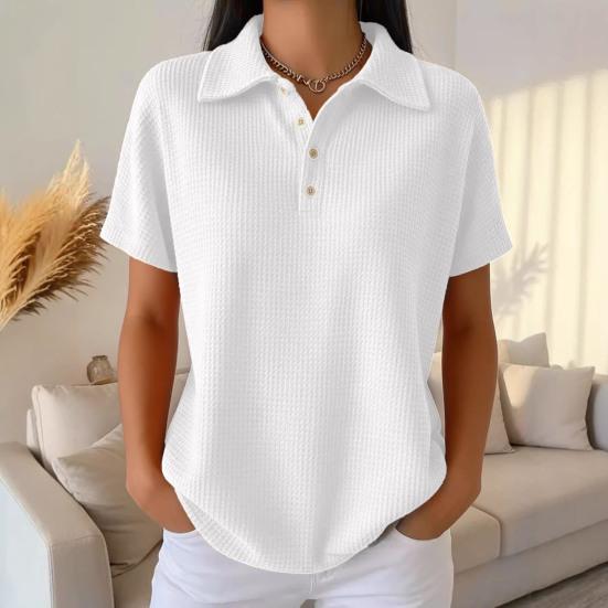 Women Tops Lapel Short Sleeve Buttons Half Placket Shirt Tops Pure Color Waffle Texture Regular Fit Casual Shirt Home Dates Versatile Wear