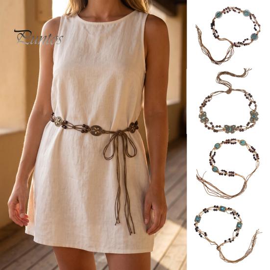 Beach Vacation Jewelry Bohemian Rope Waist Belt for Women, Vintage Rhinestone Braided Cord Festival Clothing Chain, Adjustable Layered Belly