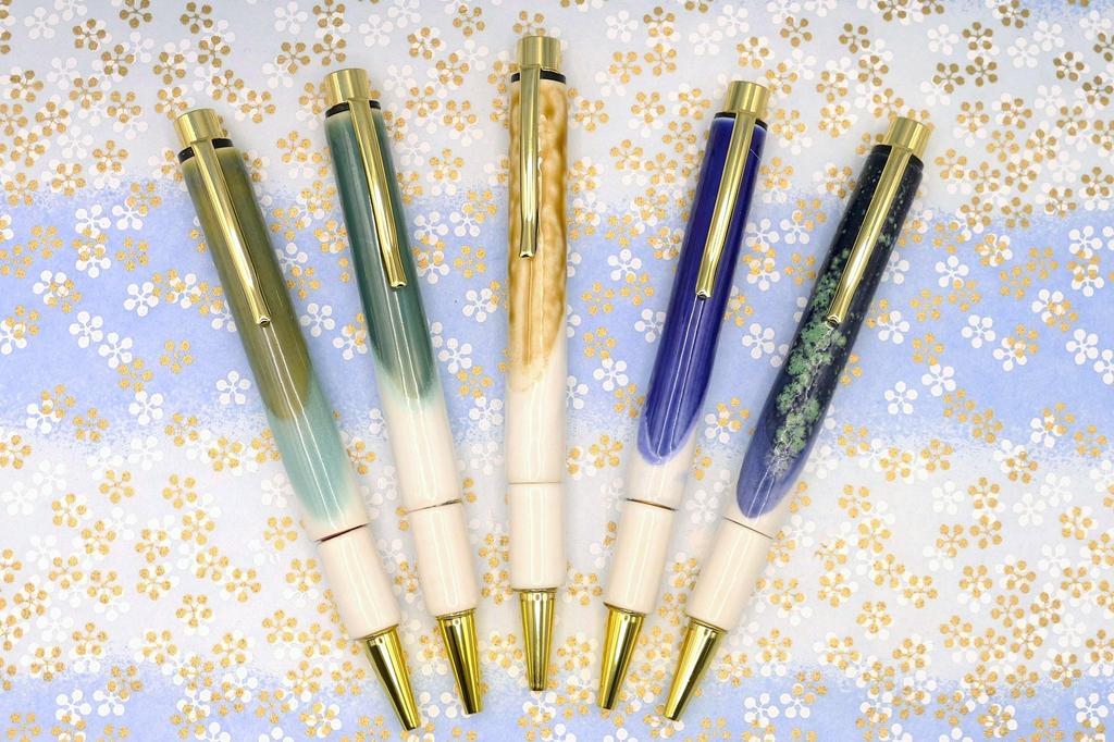 Kiyoteru porcelain rotary ballpoint blue Oribe green white Japanese-made pen, + CL_CTP_52