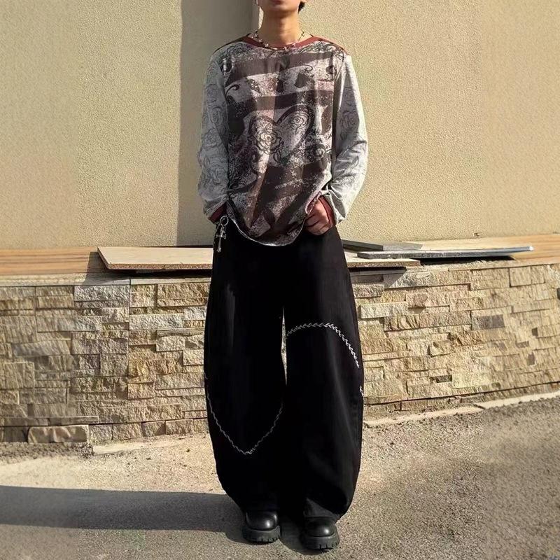 

Niche embroidered wide-leg jeans men s summer retro loose casual high-end sense 3XL чёрный