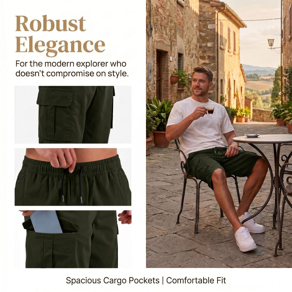 Men's Elastic Waist Cargo Shorts Adjustable Belt Multiple Pockets Casual Style Suitable for Hiking Worksite Summer Wear