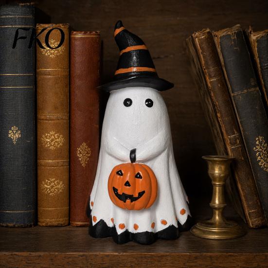 Outdoor Halloween Decoration Ghost Figurine, Cute Wearing Hat And Holding Themed Party Accessory Pumpkin Statue, Resin Ornament for Shelf Tabletop