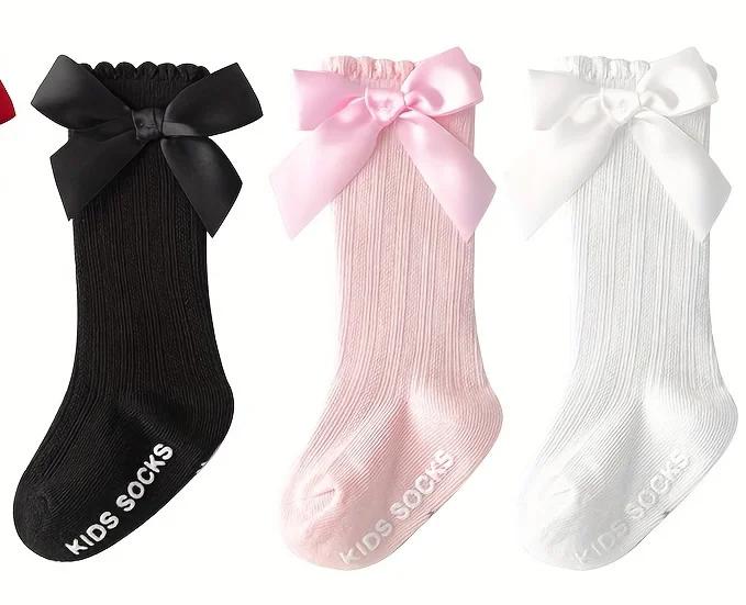 3 Paar Kinder Mädchen Königlicher Stil Schleife Kniehoch Netzstrümpfe Baby Kleinkind Schleife In Röhrensocken. Kind Hohlmuster Socken