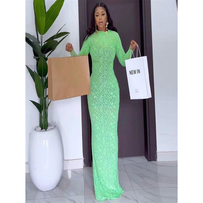 

2025 round Neck Long Sleeved Plush Slim Fit Dress Green S