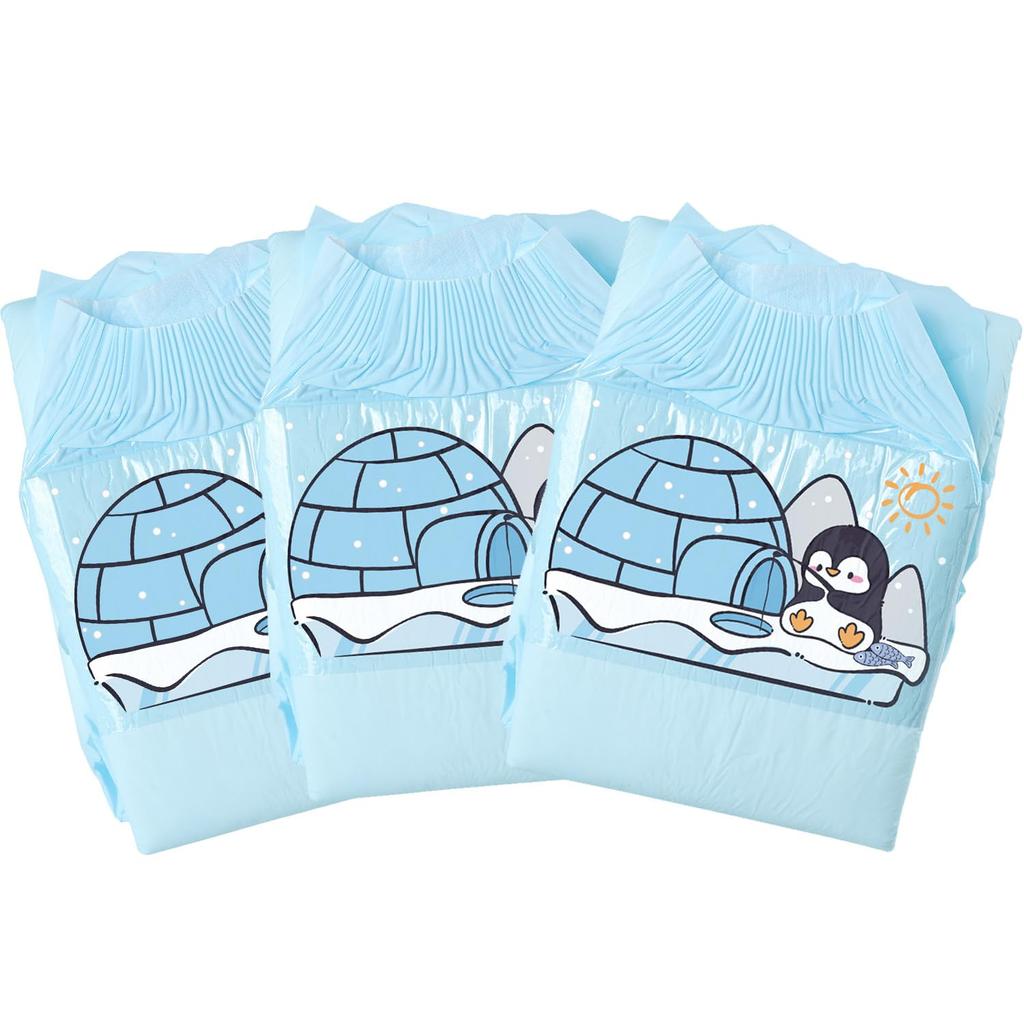 CutiePlusU Adult Diaper Set with Unisex Incontinence Maximum Nighttime Absorbency Blue Backplane Penguin Fishing (3-Pack) Labels, Pants, - (M,