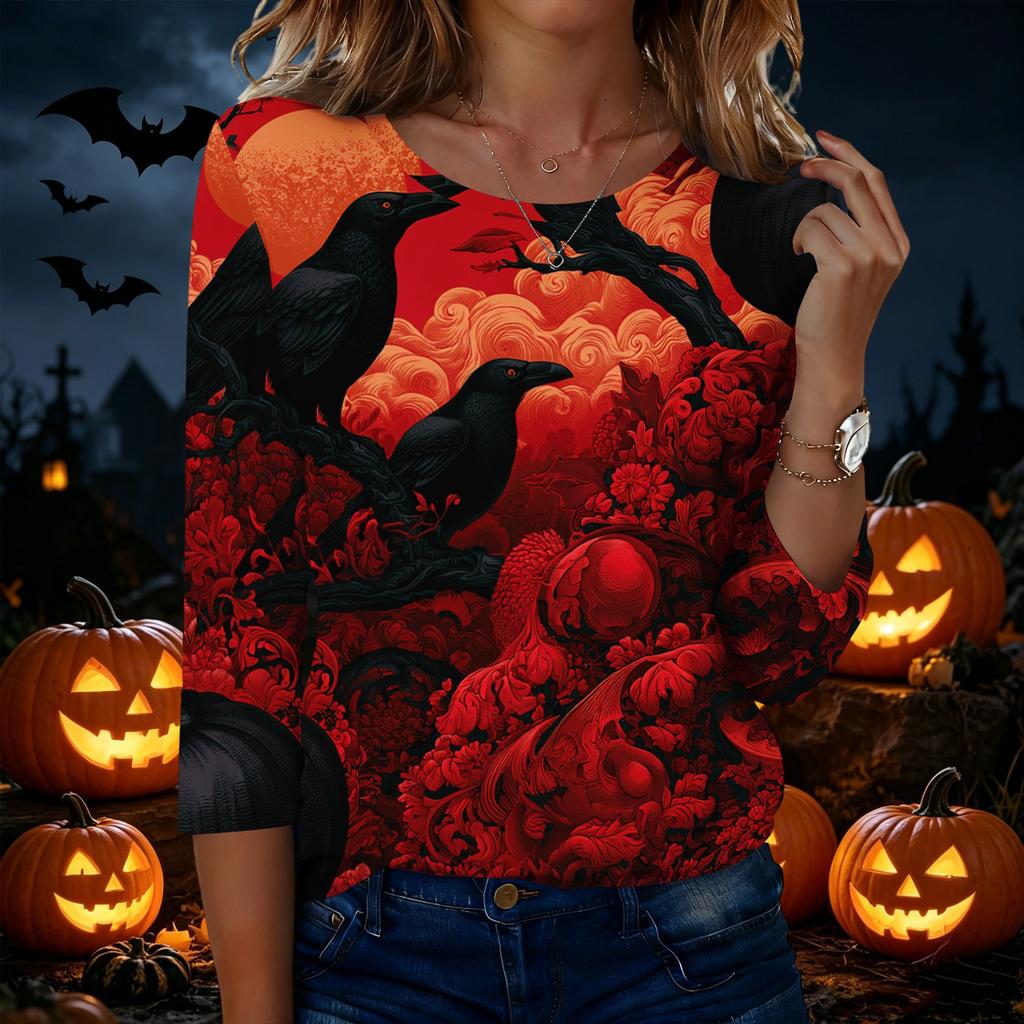 Women's Casual Round Neck Three Quarter Sleeve Halloween Print T Shirt Top Lightweight Comfortable Soft Fabric