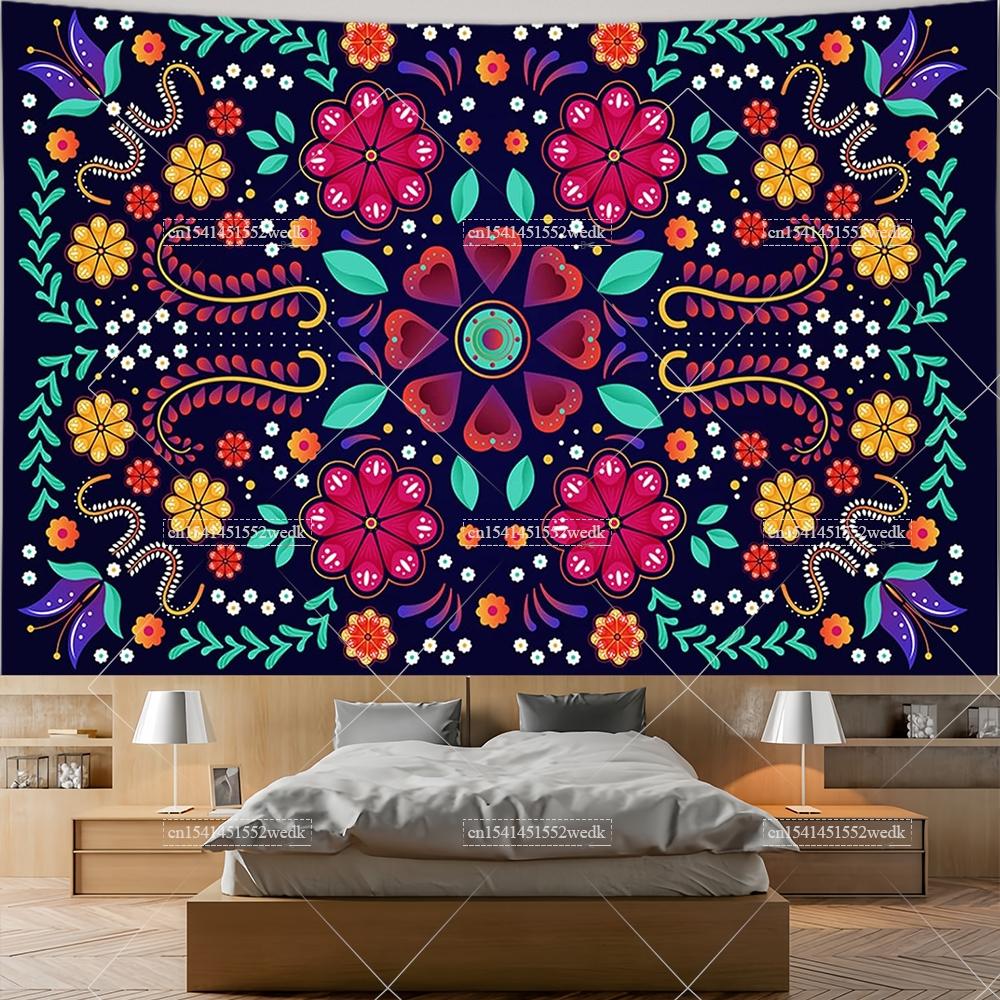 Mexiko Blumenteppich Mexikanische Pflanze Blumen Stickerei Ethnisch Otomi Vögel Wandteppiche Ästhetische Raumdeko Illustrationen Hintergrund