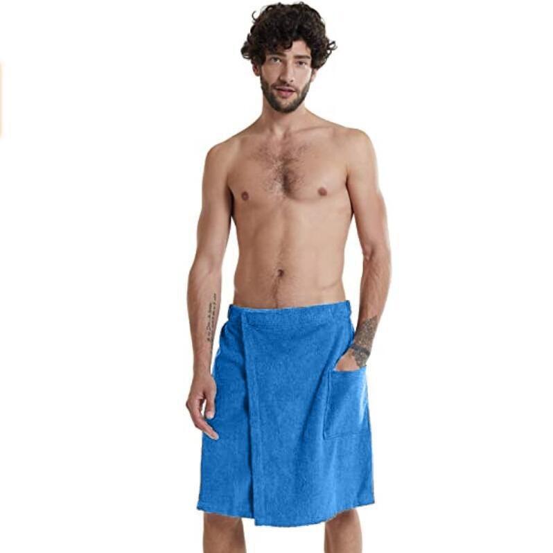 Men Bathrobe Bath Towel Adjustable Elastic Waist Homewear Nightgown Pocket Outdoor Sports Swimming Gym Spa Velcros Nightwear