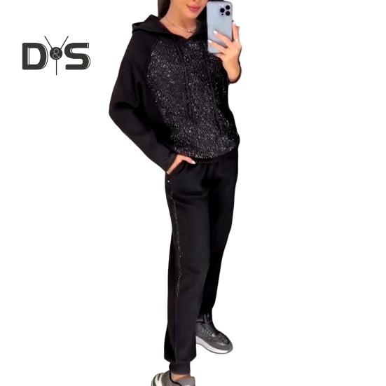 

2 шт./комплект женский костюм с капюшоном и брюками, декорированный стразами, с длинными рукавами, пэчворк, спортивная толстовка с эластичной талией, брюки, фитнес-костюм, осенне-весенний спортивный костюм XXXL чёрный