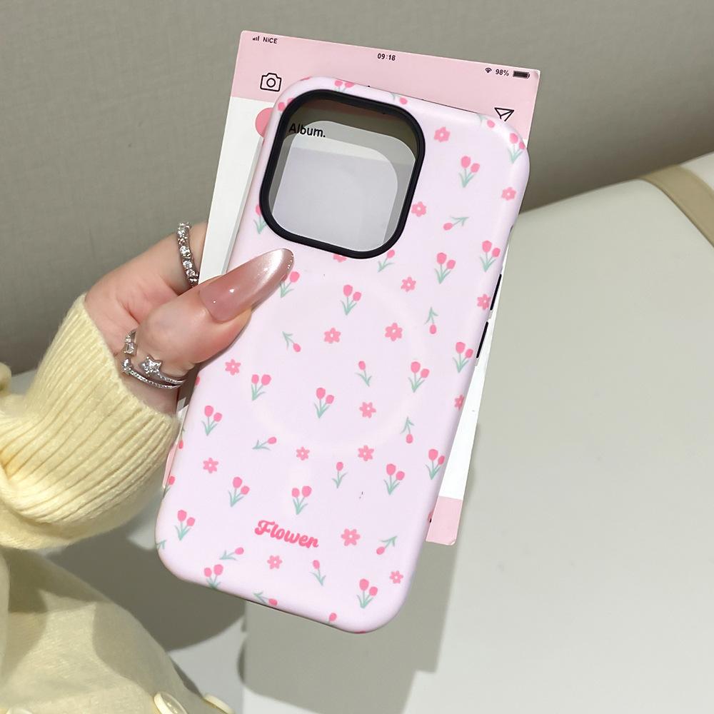 Applicable to Apple 16Pro mobile phone case Magnetic suction two-in-one bracket iPhone17 floral small fresh 15 protective case