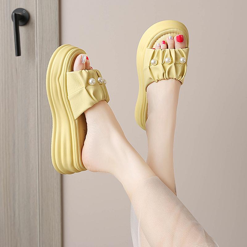 CRLAYDK Fashion Sandals for Women Fold Pearl Slip On PU Leather Slides Ladies Casual Walking Shoes Platform Beach Slippers