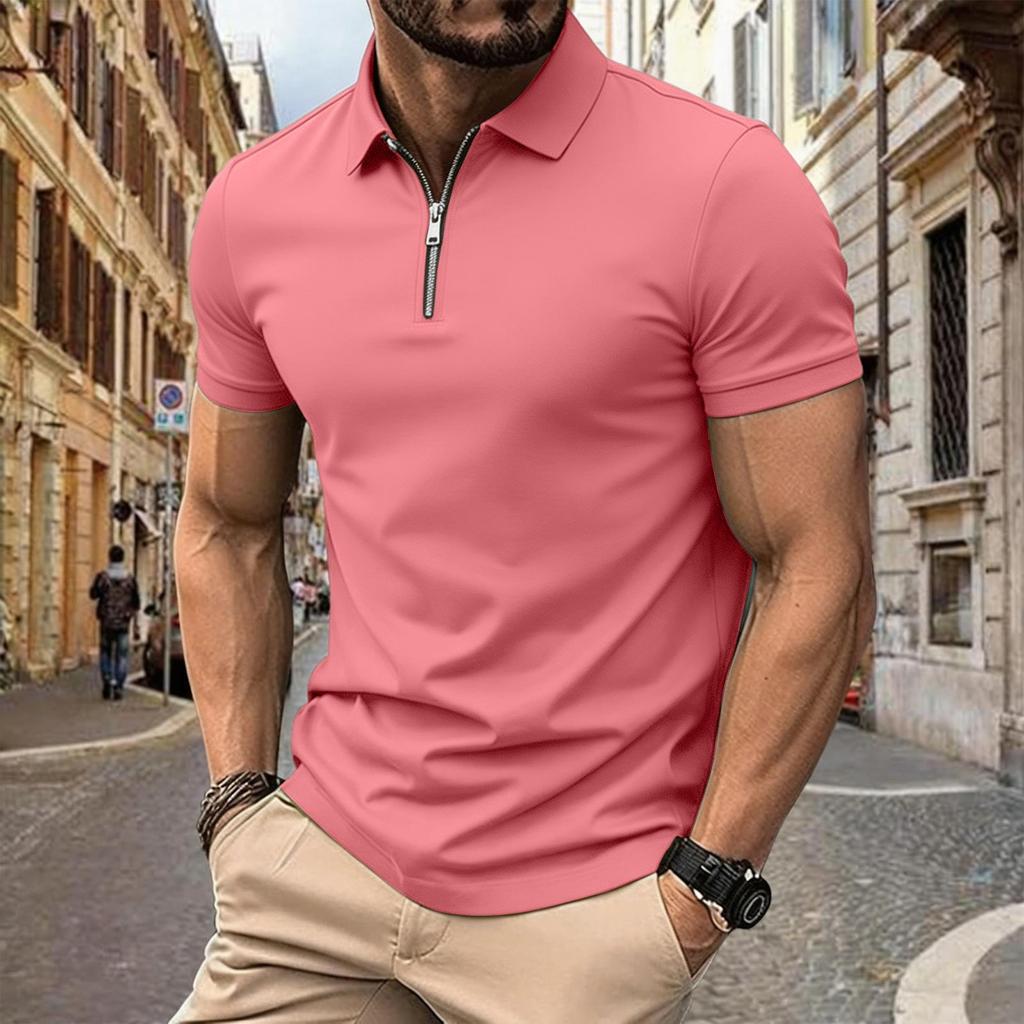 Herren Sommer Kurzarm Poloshirt mit Reißverschluss vorne Lässig Umlegekragen Leicht Atmungsaktives Oberteil