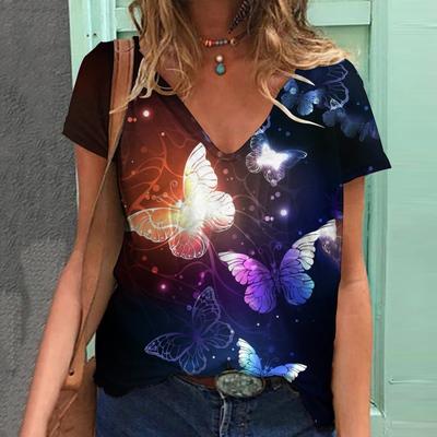 Verão Nova Borboleta Estampada 3D Decote em V Manga Curta Camiseta Feminina