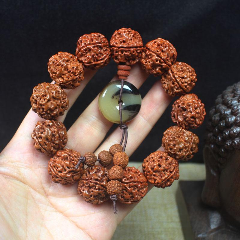 Five-Lobed Rudraksha Bodhi Bracelet with Ox Bone & Beeswax, Buddhist Prayer Beads Mala for Men Women