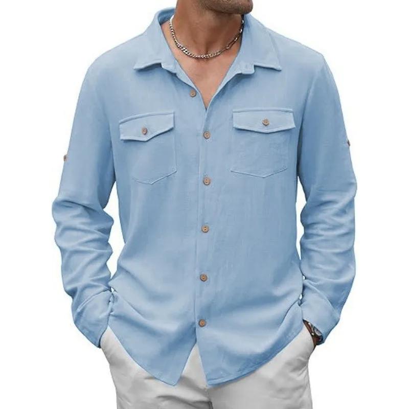 Long Sleeve Shirt Casual Vaion Fashion Japanese Style New Men's Shirt Double Pocket Cotton Linen