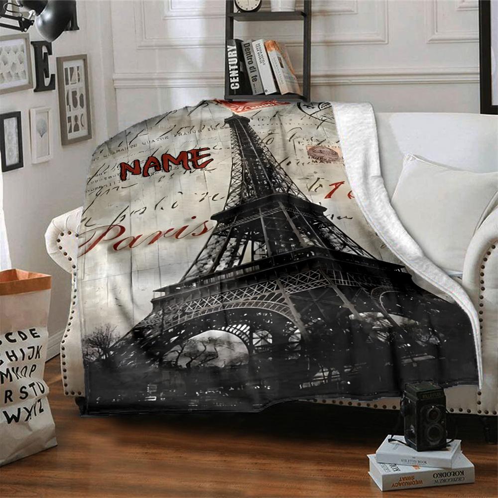 Eiffel Tower Paris Vintage Postcard Theme Cozy Personalized Blanket Customize Your Name Warmthful Decor For Sofa Couch Office Bed Picnics Ideal For
