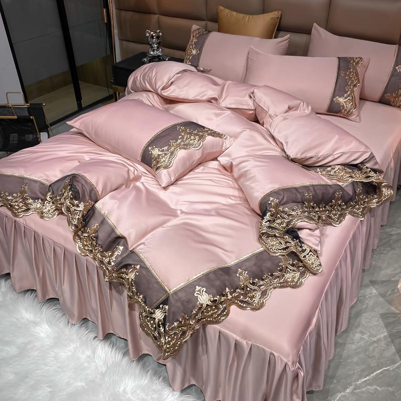 Luxury Bedding Set 3Pcs Duvet Cover Set King Size  Bed Skirt Lace Double Side Washed Silk Design Reactive Printing Sleep Coolly