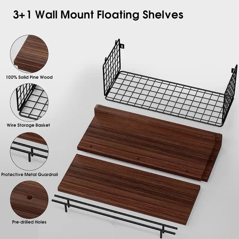 Floating Shelves with Wire Storage Basket Bathroom Kitchen Storage Rack Wall Shelf Decoration Floating Wall Shelves Home Decor