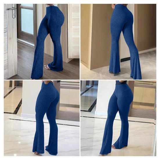 Yoga Pants Women Wide Leg Casual Trousers Elastic High Waist Hip-Hugging Style Solid Color Ribbed Fitness Pants