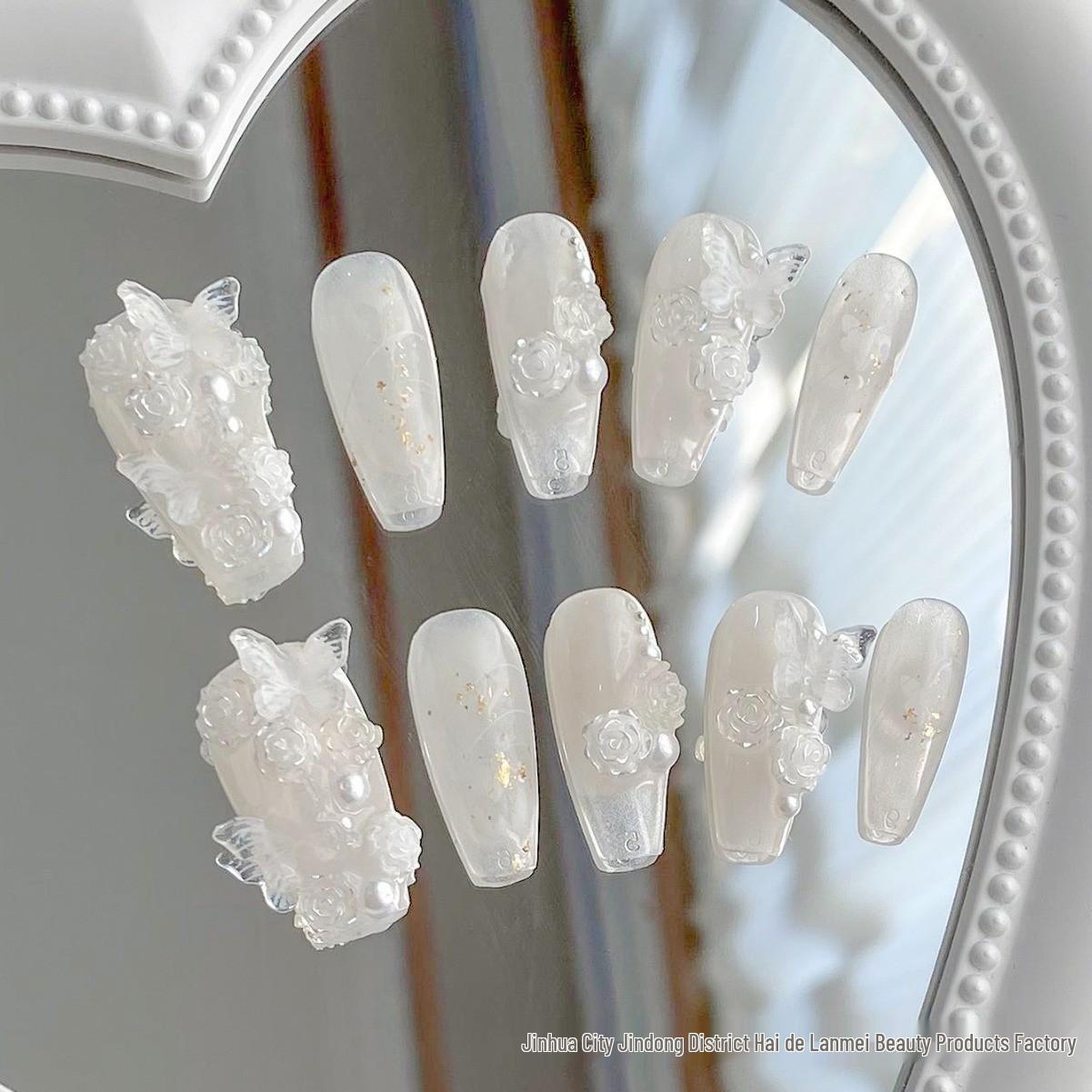 

Ледяная Камелия Белый Градиент Ручная Работа Накладные Ногти - Съемный Гель Свадебный Дизайн S - Cloud White Tea