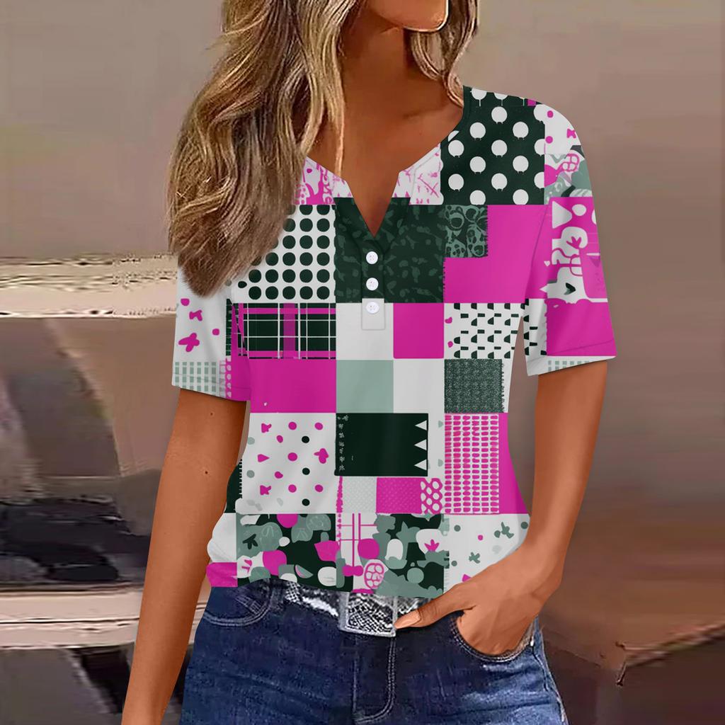 Damen T-Shirt mit Aufdruck und Knopfleiste, kurzärmelig, für den Alltag, Wochenende, modisch, Basic, V-Ausschnitt, normales Oberteil