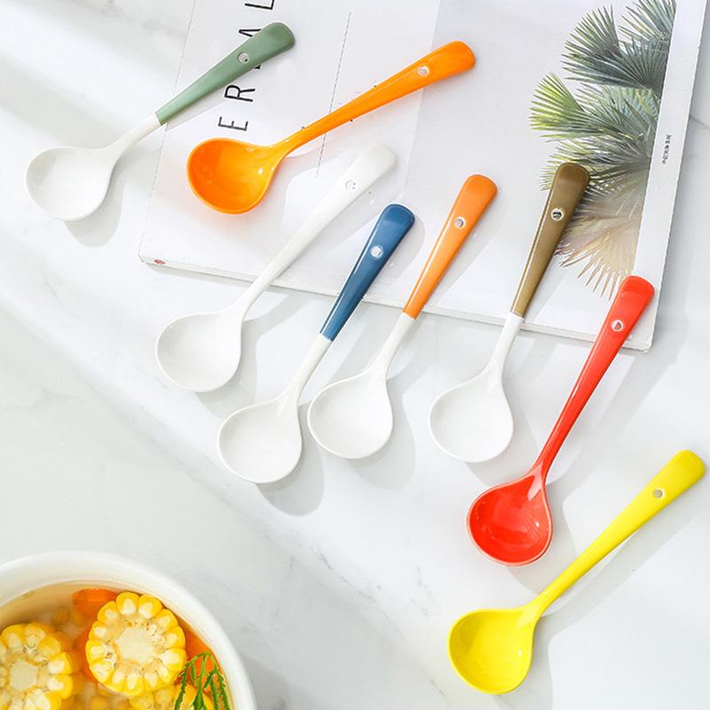 2 PCS Porcelain Soup Spoon Round-Bottom Ceramic Chinese Style Spoons for Home and Restaurant, Use for Coffee, Tea, Yogurt and Desserts, 6.7 inch