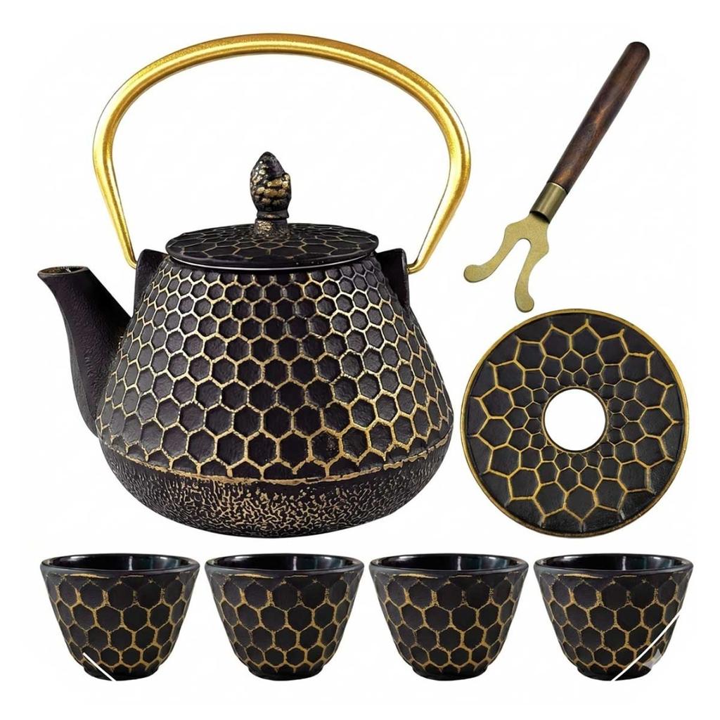 CAST IRON TEAPOT GOLDEN 900ml WITH FILTER AND CUPS HAGE