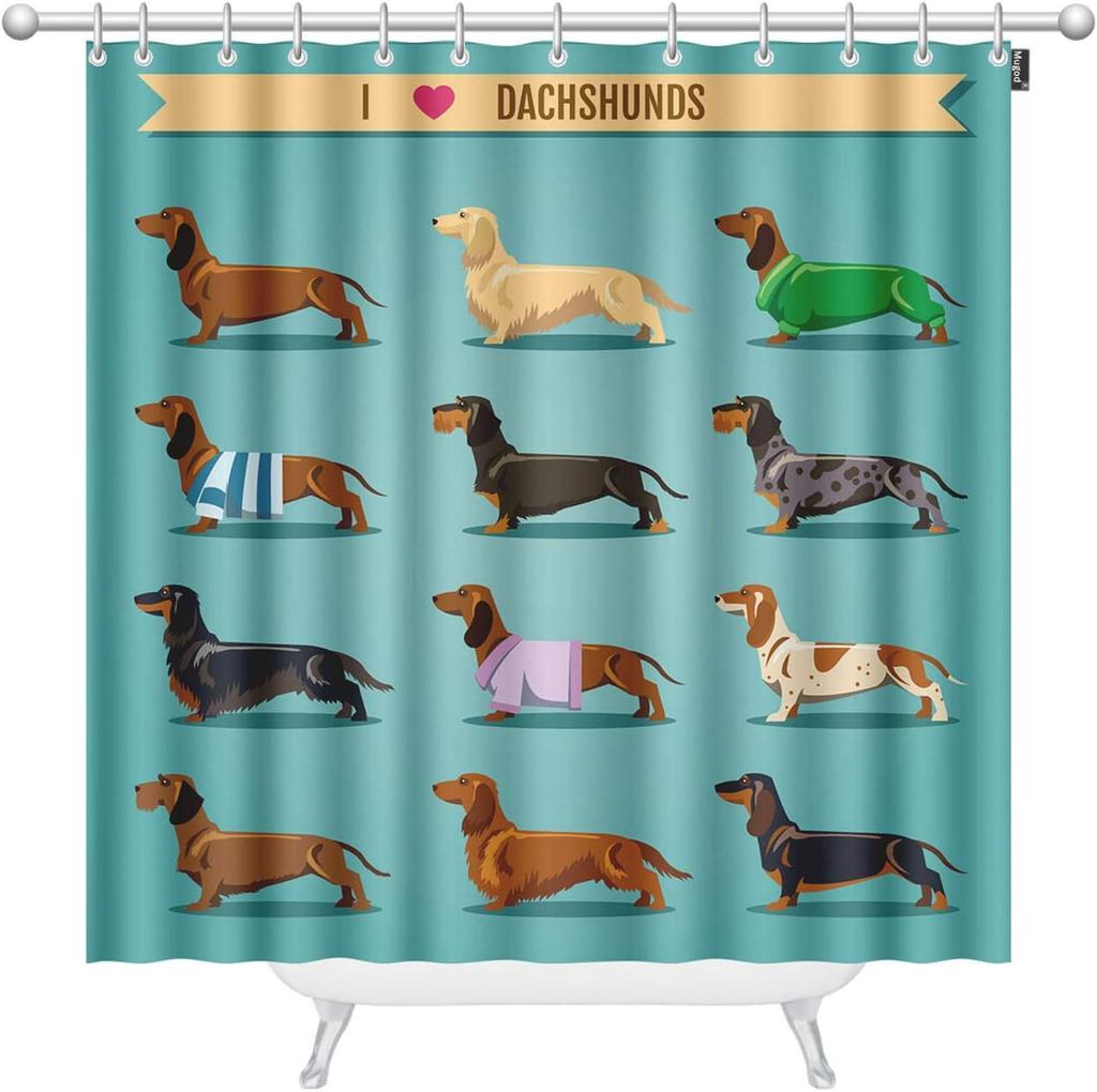 Dachshund Shower Curtains Seamless Background with I Love Dachshunds Decorative Bathroom Waterproof Fabric Shower Curtain with