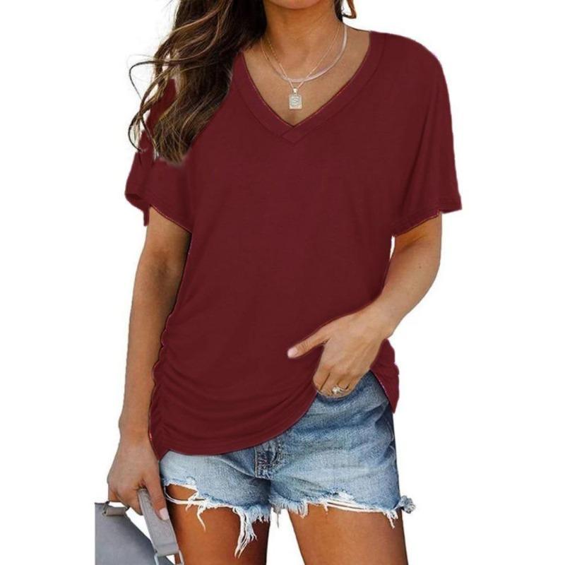 Women Casual Summer T Shirt V Neck Short Sleeve Solid Color Top Clothing