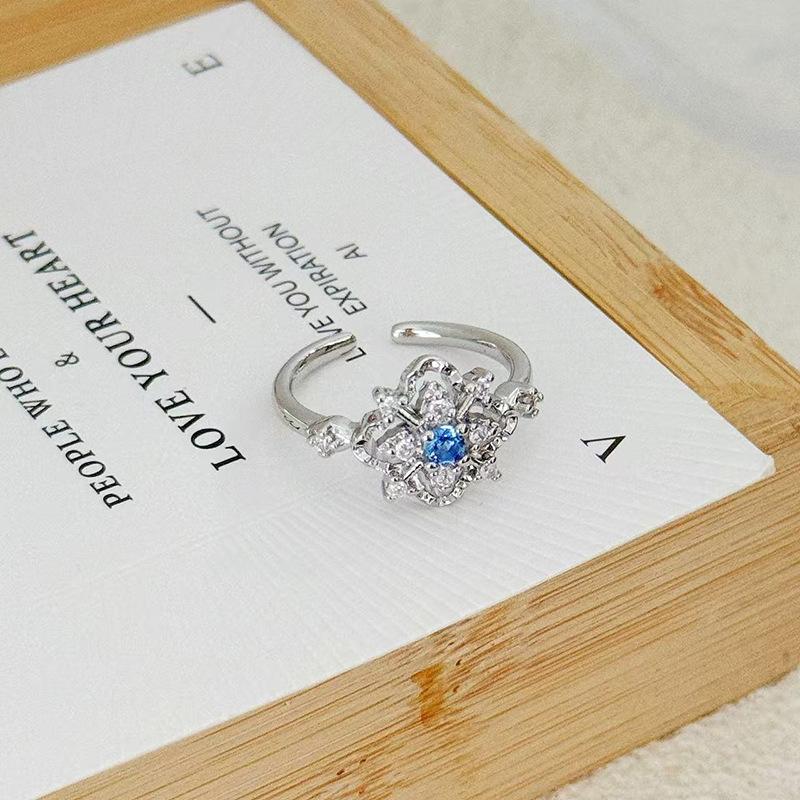 Light Luxury Full Diamond Sea Blue Zircon High-End Open Ring Gypsy Star Niche Design Butterfly Personalized Index Finger Ring Female