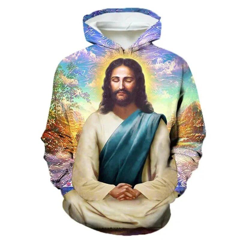 Sacred Heart Couple Hoodie, Men's Autumn Winter Fleece Sweatshirt, Classic Religious Pair Figure Print Pullover for Art Style Photo Shoots